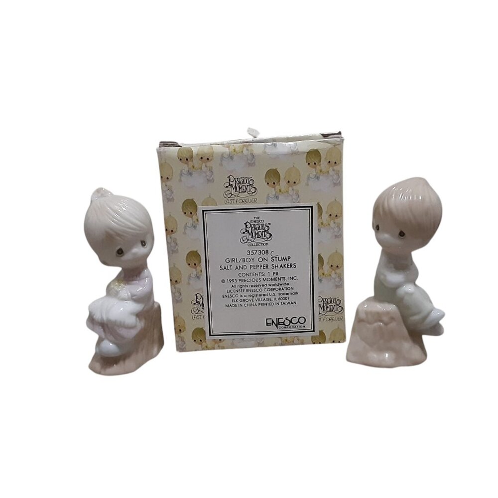 Precious Moments Enesco 357308 Boy Girl Stump Salt Pepper Shakers Figurine Box
